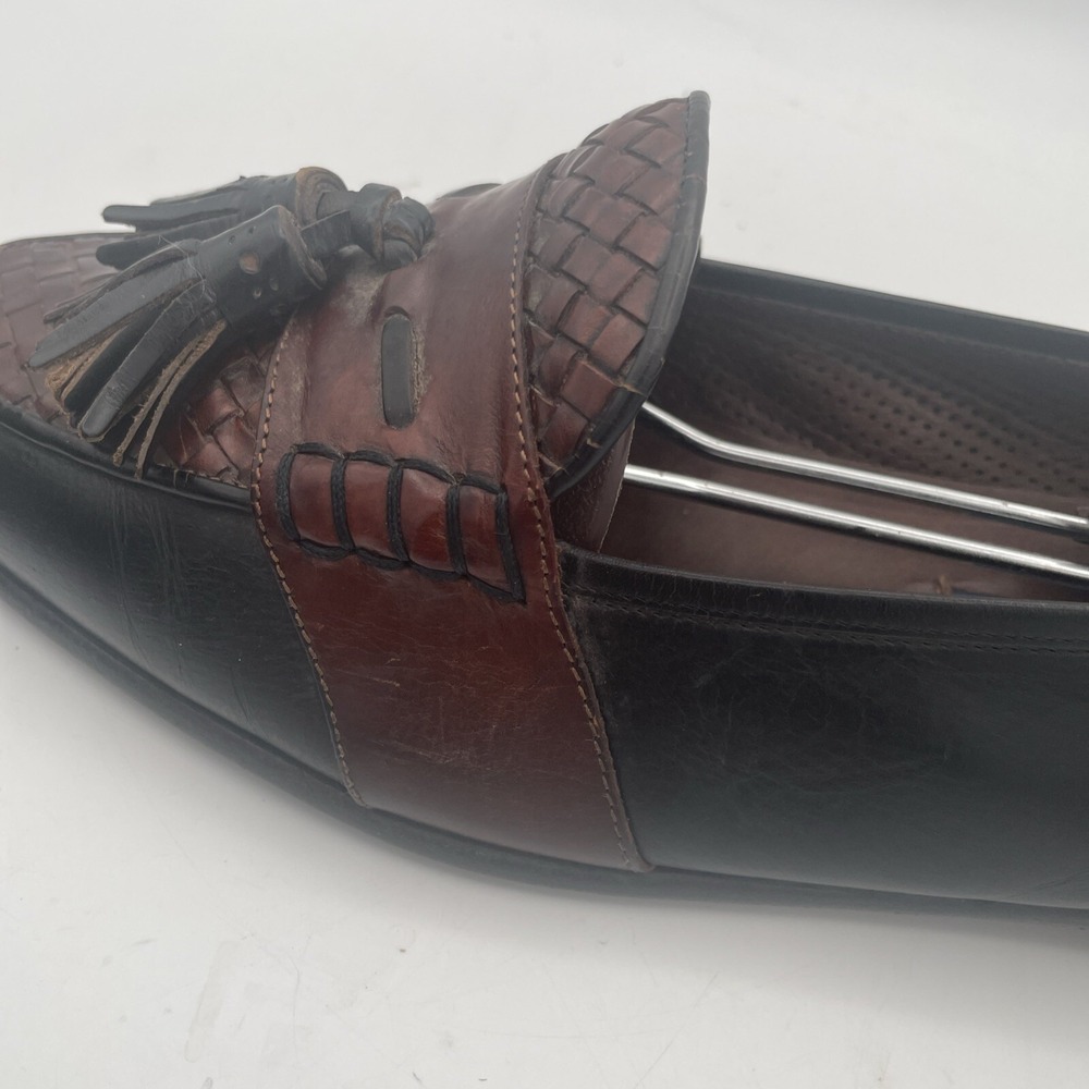 Bragano Mens Shoes Size 10M Black Brown Leather Full‎ Strap Woven Tassel Loafers - Picture 4 of 16